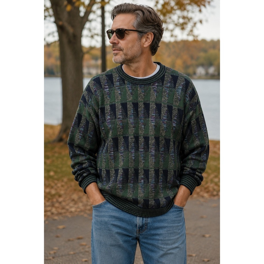 Vintage Sweater House USA Geometric Knit Crewneck Sweater Green Blue 90s Mens XL